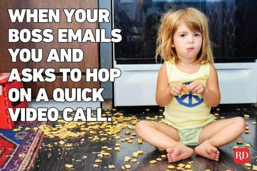 work from home meme with picture of little girl on floor with spilled cereal and caption saying, "when your boss emails you and asks to hop on a quick video call"