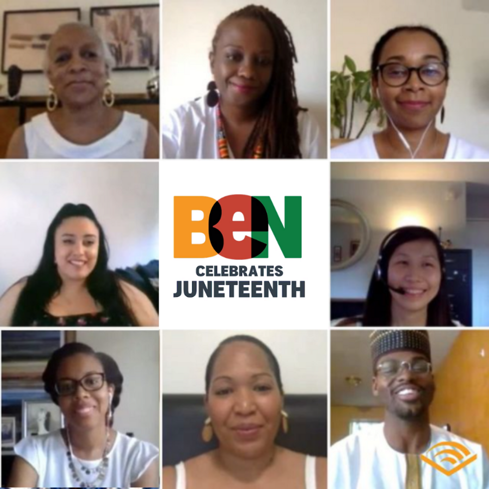 Zoom capture of eight people from virtual fashion show with BEN celebrates Juneteenth logo